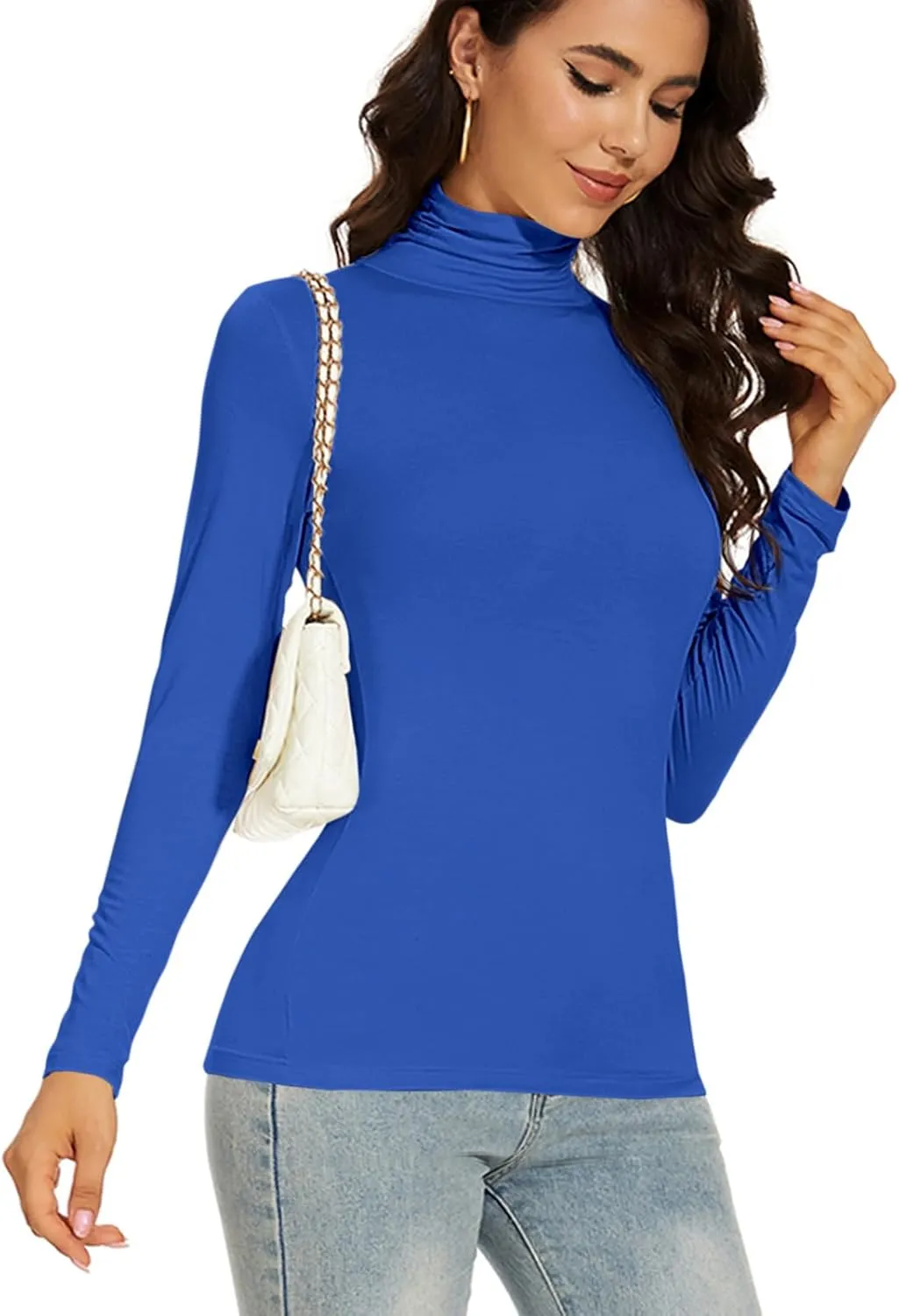 Women's Turtleneck Long Sleeve Thermal Tops Slim Fitted Lightweight Thin Basics Layer Tshirt (XS-2XL)