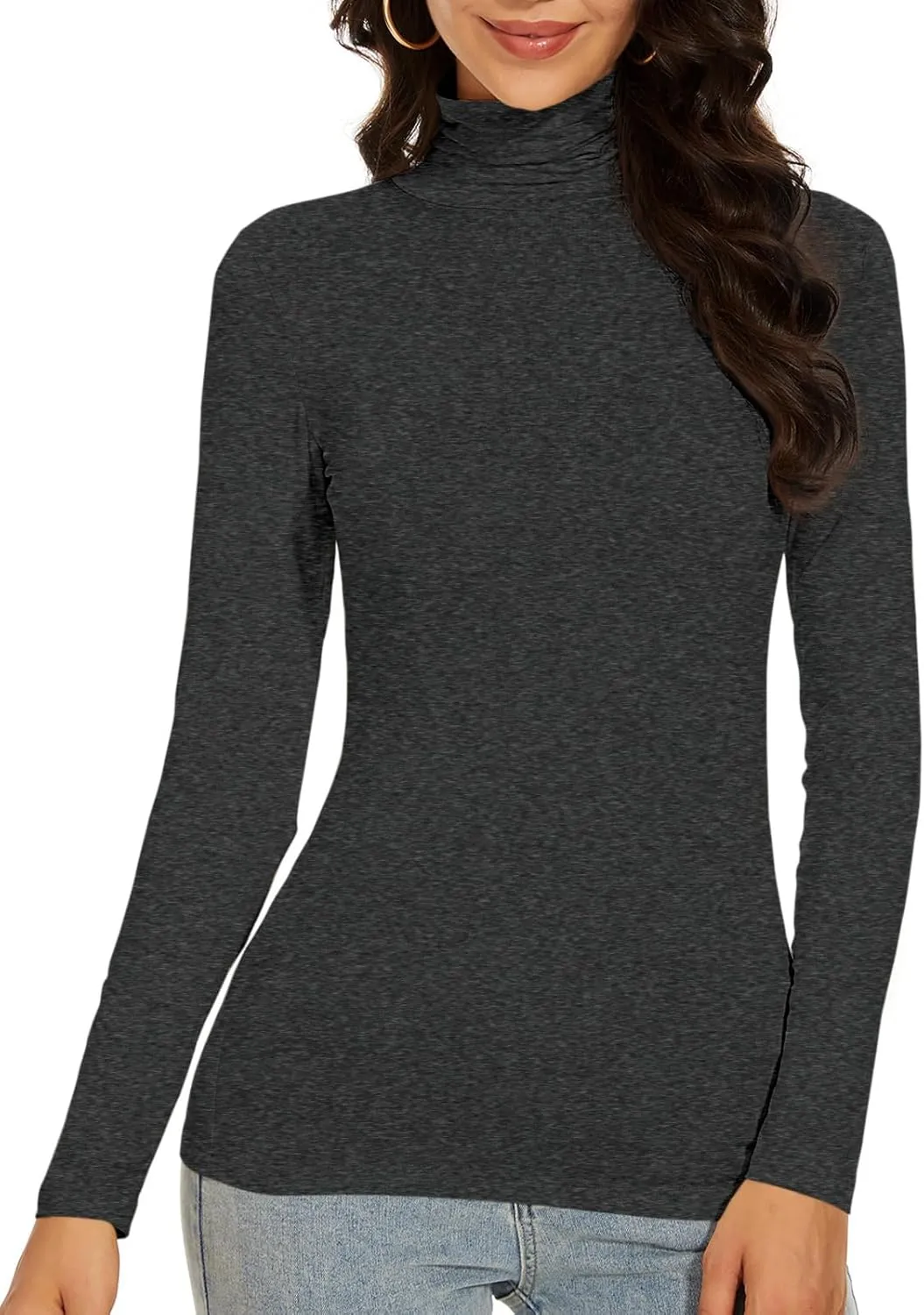 Women's Turtleneck Long Sleeve Thermal Tops Slim Fitted Lightweight Thin Basics Layer Tshirt (XS-2XL)