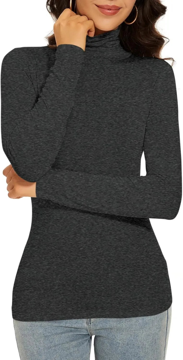 Women's Turtleneck Long Sleeve Thermal Tops Slim Fitted Lightweight Thin Basics Layer Tshirt (XS-2XL)