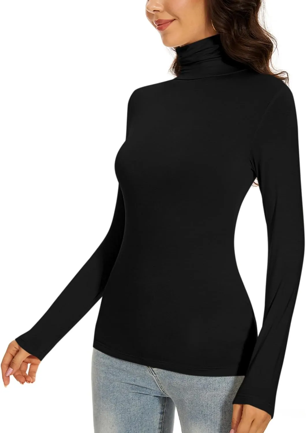 Women's Turtleneck Long Sleeve Thermal Tops Slim Fitted Lightweight Thin Basics Layer Tshirt (XS-2XL)