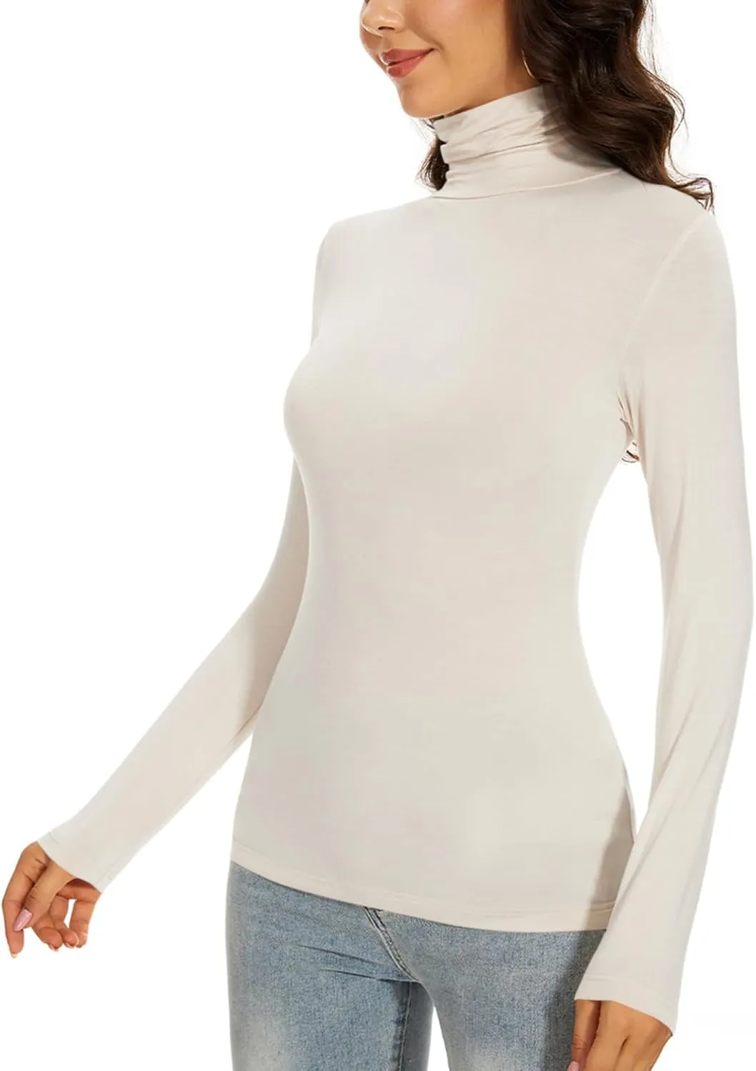 Women's Turtleneck Long Sleeve Thermal Tops Slim Fitted Lightweight Thin Basics Layer Tshirt (XS-2XL)