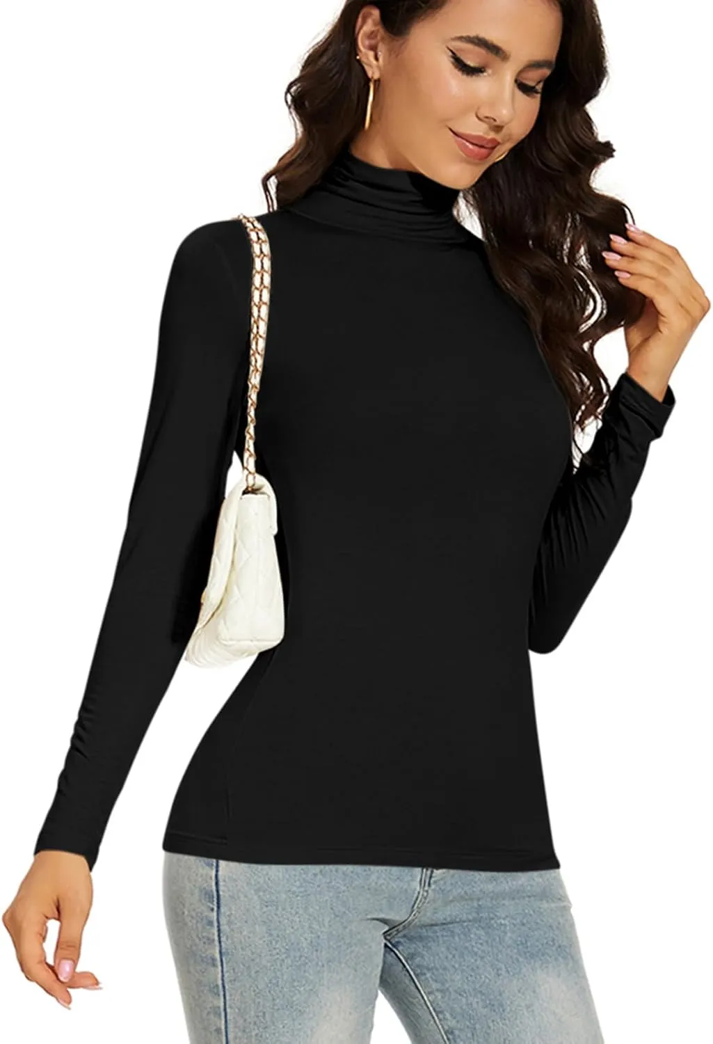 Women's Turtleneck Long Sleeve Thermal Tops Slim Fitted Lightweight Thin Basics Layer Tshirt (XS-2XL)