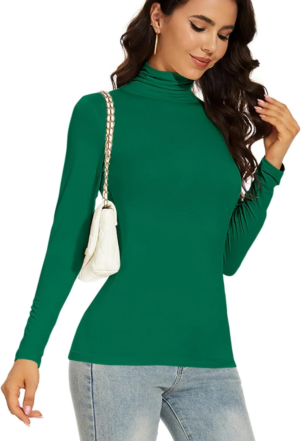 Women's Turtleneck Long Sleeve Thermal Tops Slim Fitted Lightweight Thin Basics Layer Tshirt (XS-2XL)