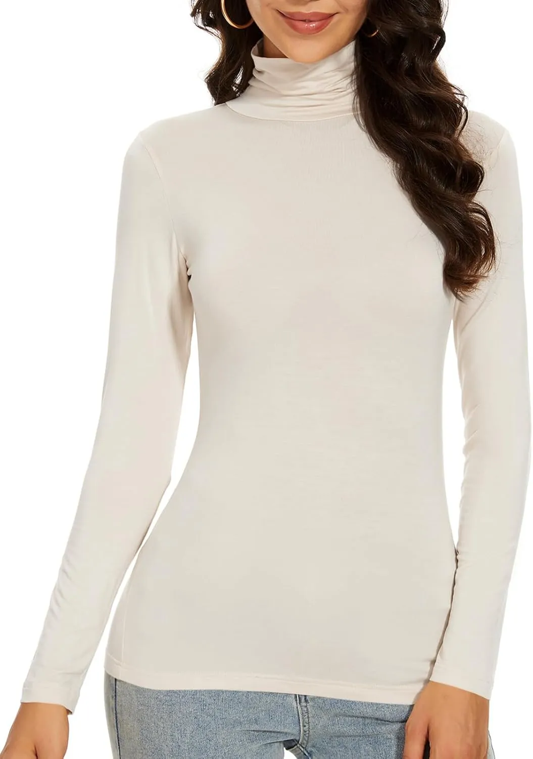 Women's Turtleneck Long Sleeve Thermal Tops Slim Fitted Lightweight Thin Basics Layer Tshirt (XS-2XL)