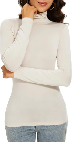 Women's Turtleneck Long Sleeve Thermal Tops Slim Fitted Lightweight Thin Basics Layer Tshirt (XS-2XL)