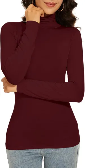 Women's Turtleneck Long Sleeve Thermal Tops Slim Fitted Lightweight Thin Basics Layer Tshirt (XS-2XL)