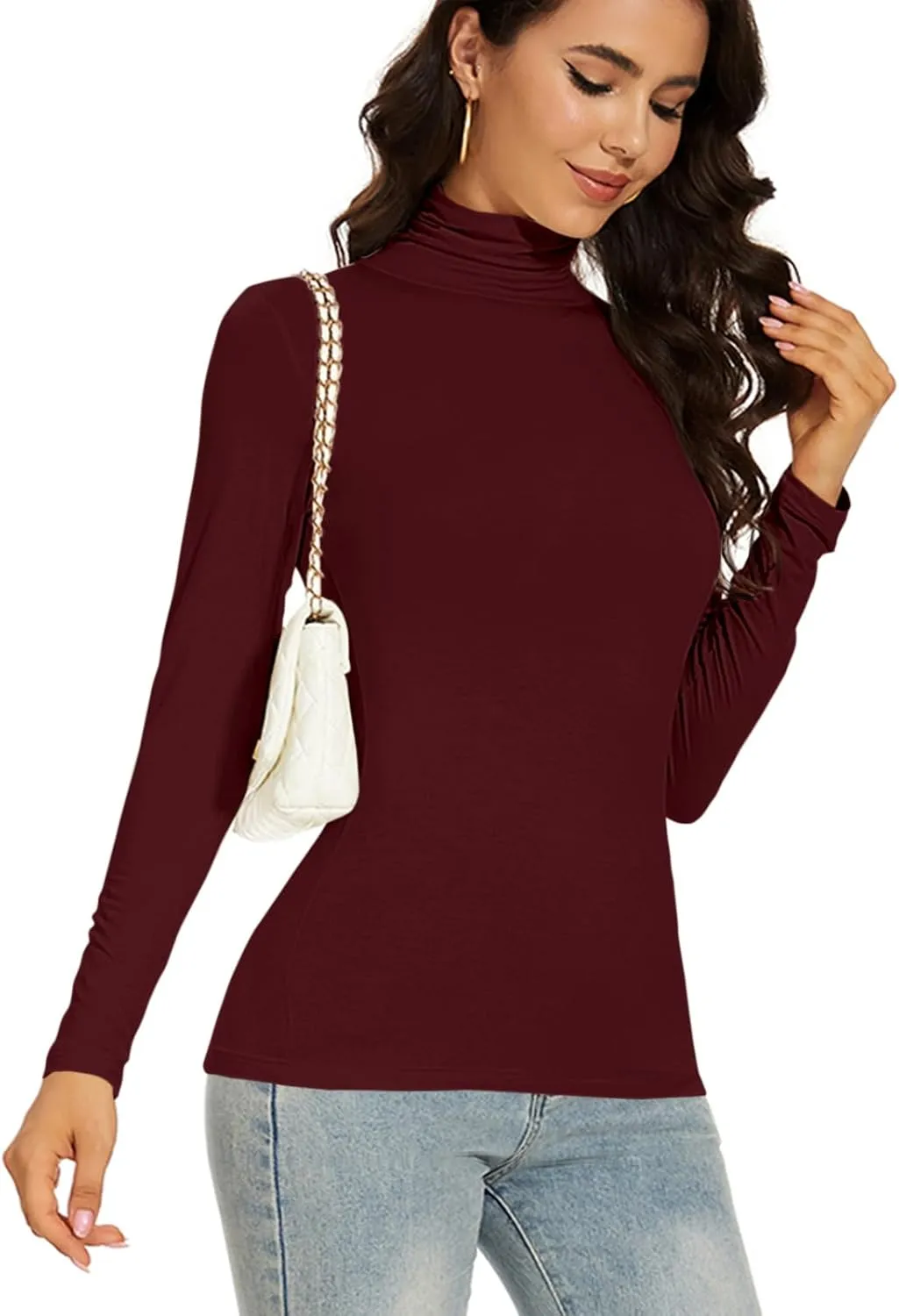 Women's Turtleneck Long Sleeve Thermal Tops Slim Fitted Lightweight Thin Basics Layer Tshirt (XS-2XL)