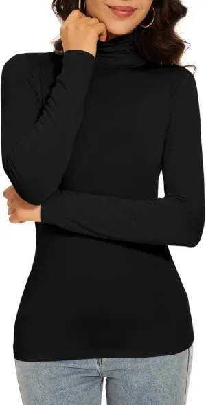 Women's Turtleneck Long Sleeve Thermal Tops Slim Fitted Lightweight Thin Basics Layer Tshirt (XS-2XL)