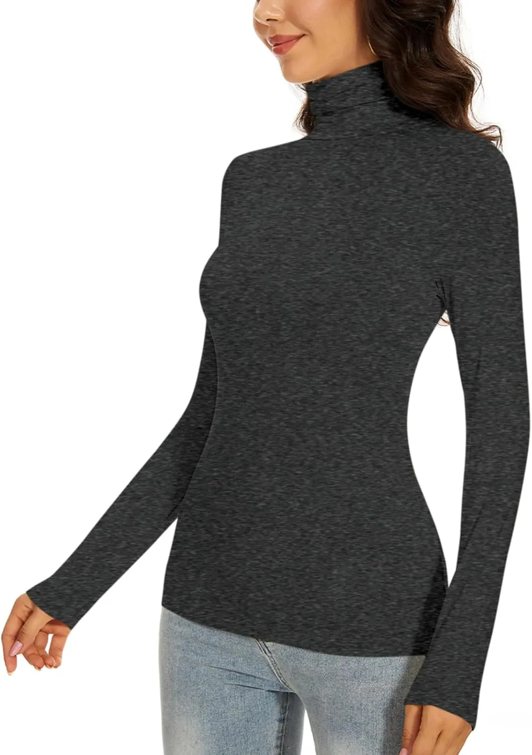 Women's Turtleneck Long Sleeve Thermal Tops Slim Fitted Lightweight Thin Basics Layer Tshirt (XS-2XL)