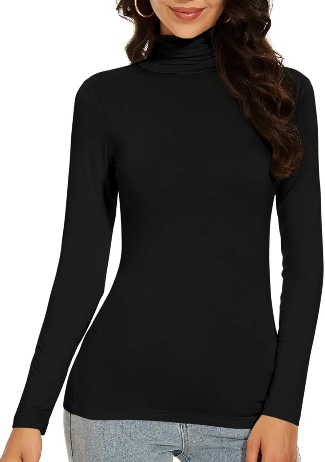 Women's Turtleneck Long Sleeve Thermal Tops Slim Fitted Lightweight Thin Basics Layer Tshirt (XS-2XL)