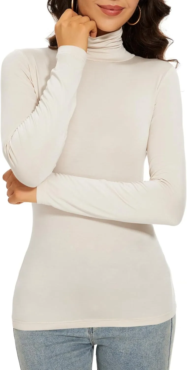 Women's Turtleneck Long Sleeve Thermal Tops Slim Fitted Lightweight Thin Basics Layer Tshirt (XS-2XL)