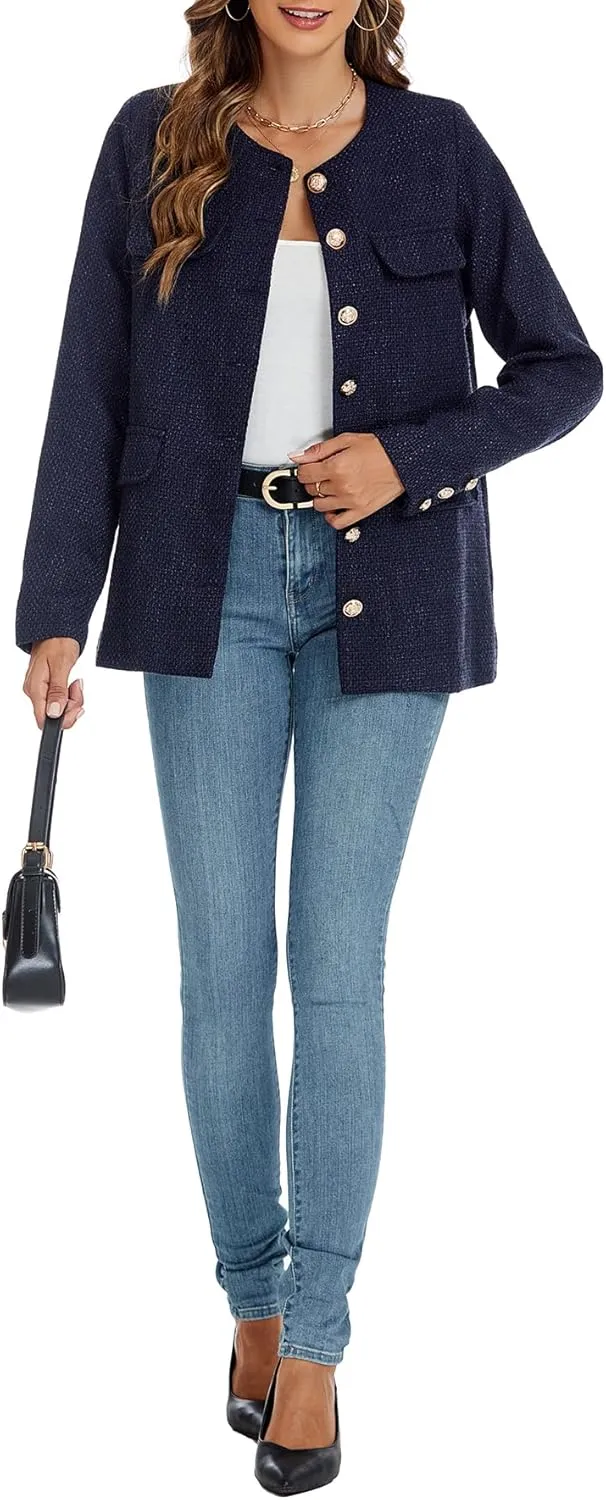 Women's Tweed Blazer Jackets Crewneck Button Down Business Jackets Casual Elegant Work Office Jacket