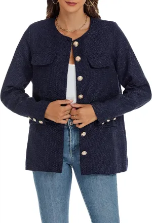 Women's Tweed Blazer Jackets Crewneck Button Down Business Jackets Casual Elegant Work Office Jacket