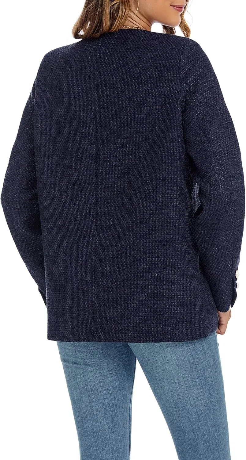 Women's Tweed Blazer Jackets Crewneck Button Down Business Jackets Casual Elegant Work Office Jacket
