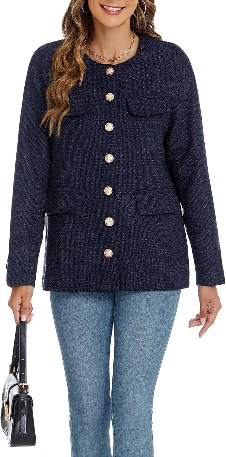 Women's Tweed Blazer Jackets Crewneck Button Down Business Jackets Casual Elegant Work Office Jacket