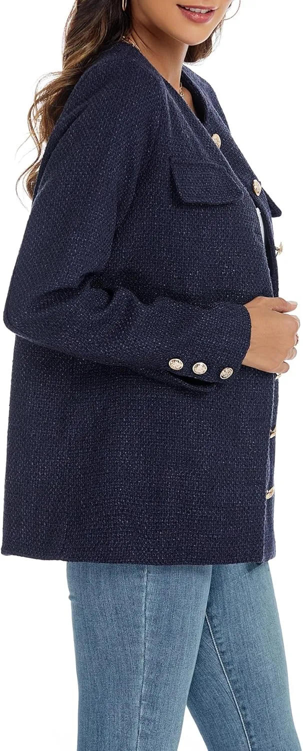 Women's Tweed Blazer Jackets Crewneck Button Down Business Jackets Casual Elegant Work Office Jacket