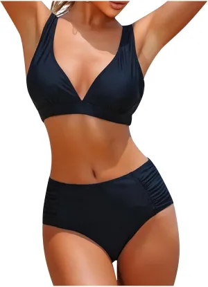 Women's Two Piece High Waisted Bikini Set Tummy Control Swimsuit 2025 Full Coverage Bathing Suits Solid Suits