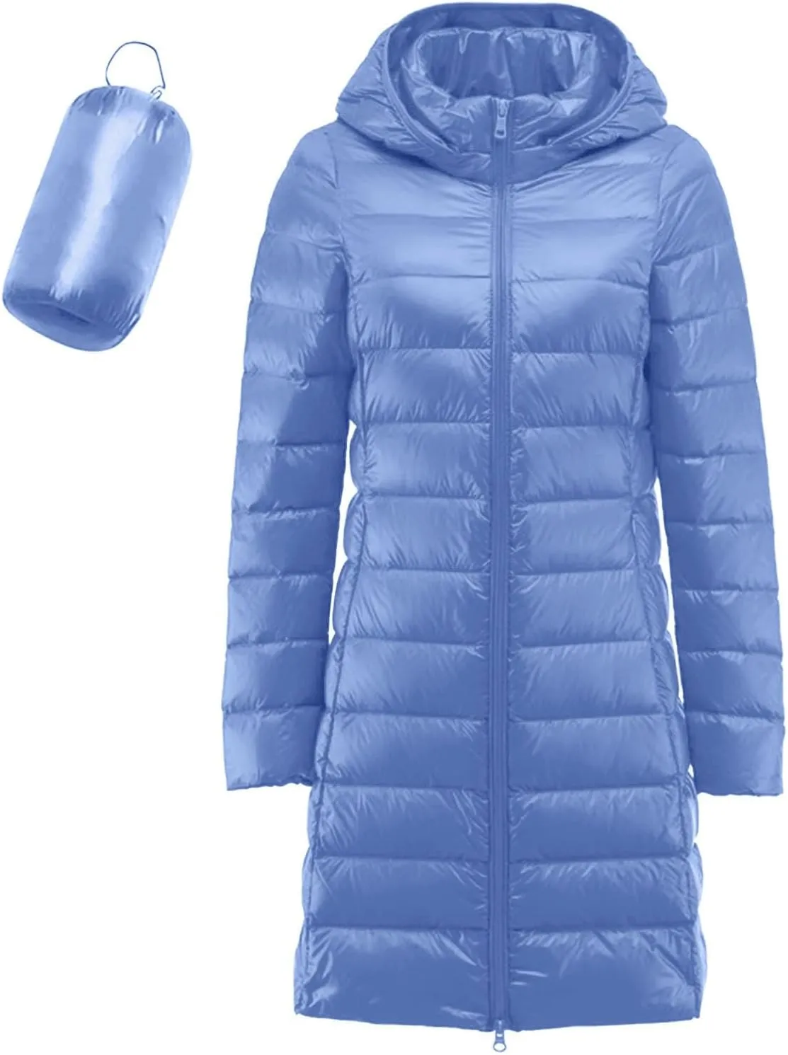 Women's Ultralight Down Jacket Long Packable Hooded Puffer Coat Warm Full-Zip Puffer Jacket for Outdoor