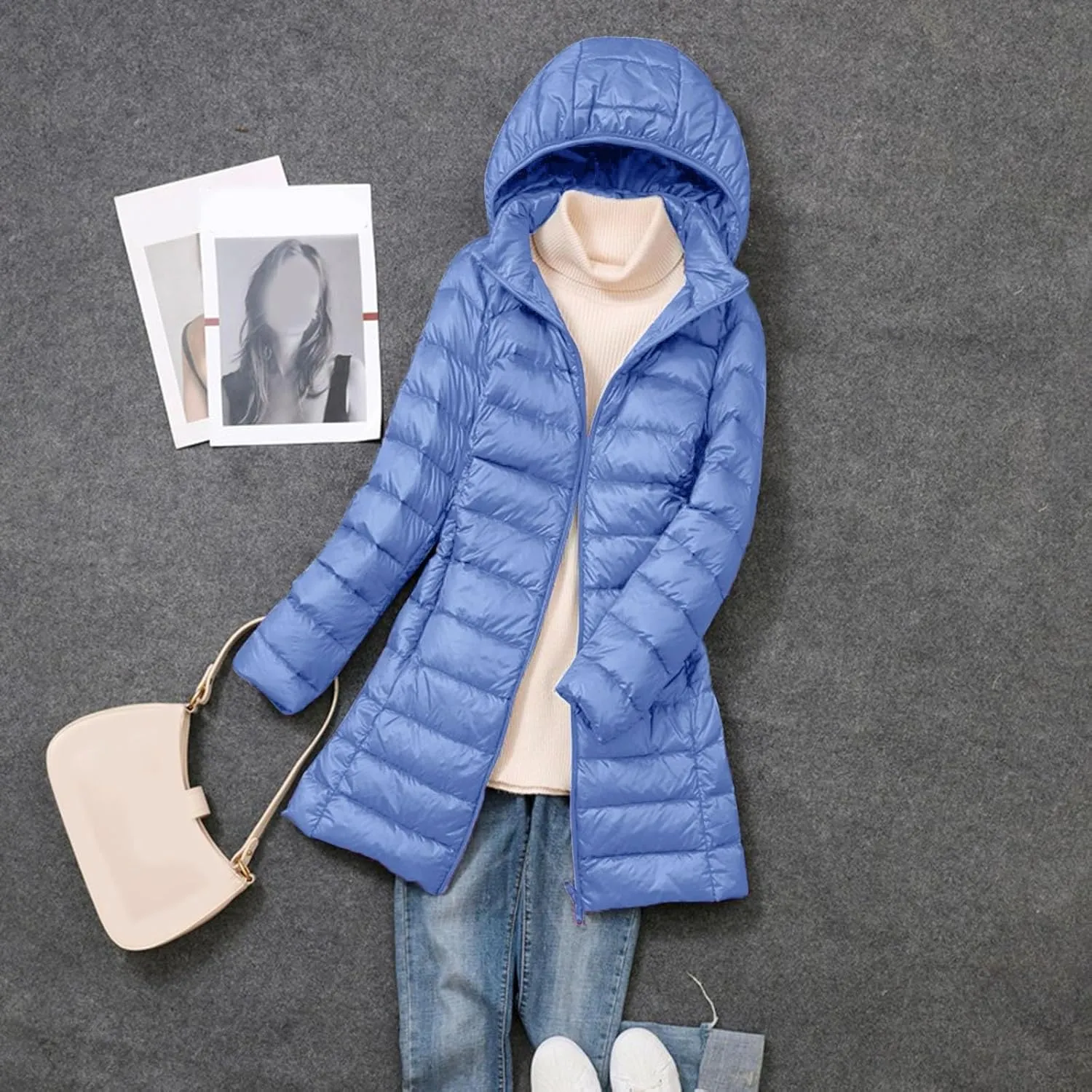 Women's Ultralight Down Jacket Long Packable Hooded Puffer Coat Warm Full-Zip Puffer Jacket for Outdoor