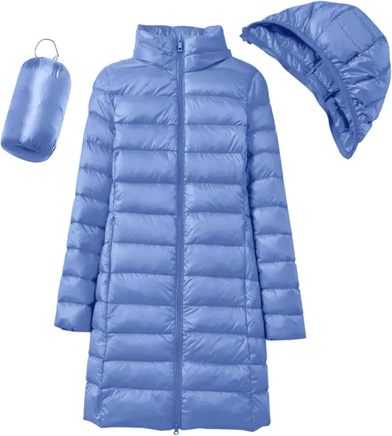 Women's Ultralight Down Jacket Long Packable Hooded Puffer Coat Warm Full-Zip Puffer Jacket for Outdoor