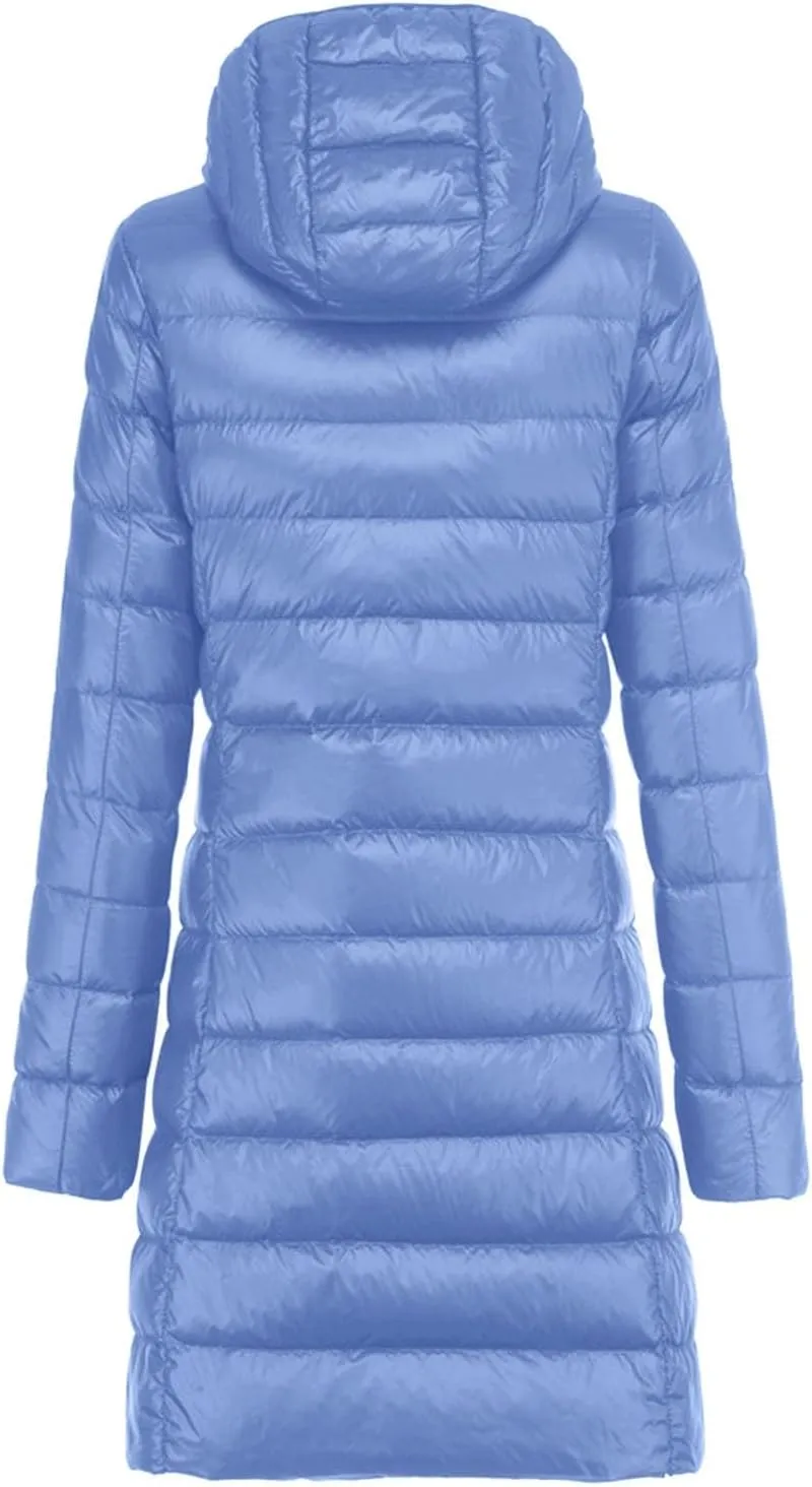 Women's Ultralight Down Jacket Long Packable Hooded Puffer Coat Warm Full-Zip Puffer Jacket for Outdoor