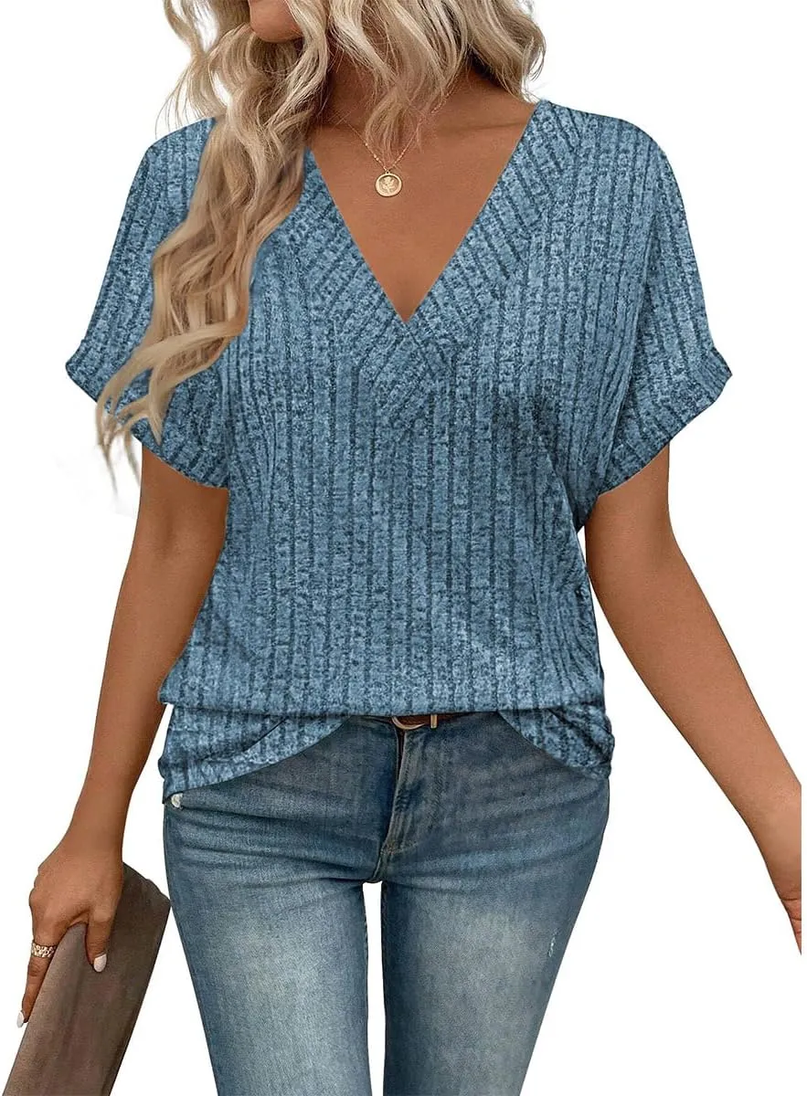 Womens V Neck Sweaters Casual Tops Summer Short Sleeve Fashion Loose Business T Shirts Blouses Clothes 2025