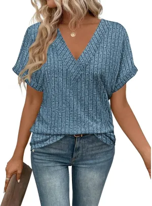 Womens V Neck Sweaters Casual Tops Summer Short Sleeve Fashion Loose Business T Shirts Blouses Clothes 2025