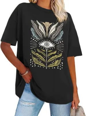 Women's Vintage Floral Crewneck T Shirt Summer Oversized Boho Wildflower Graphic Loose Tees Short Sleeve Casual Tops