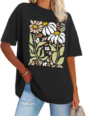 Women's Vintage Floral Crewneck T Shirt Summer Oversized Boho Wildflower Graphic Loose Tees Short Sleeve Casual Tops