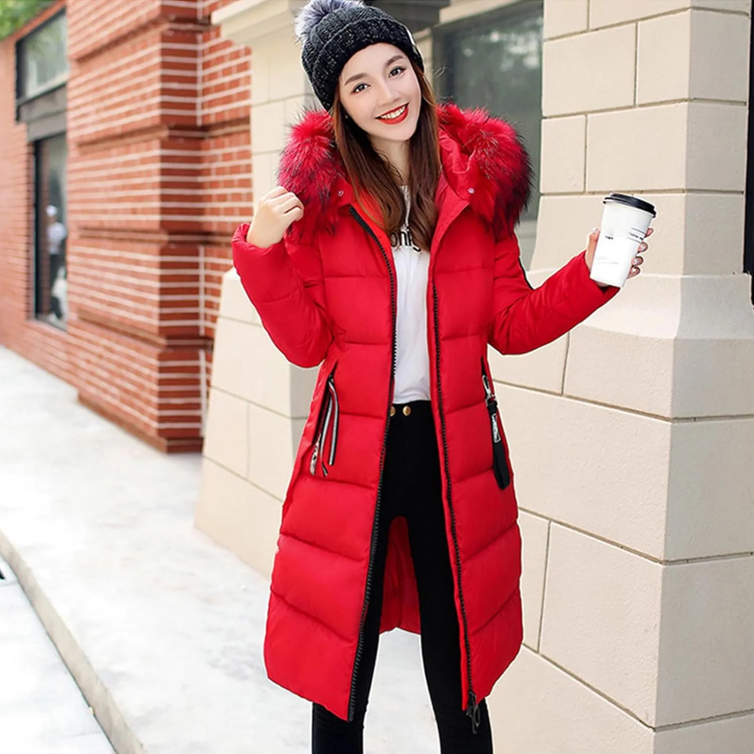Womens Warm Down Jacket Winter Long Puffer Coats with Fur Hood,Outdoor Maxi Length Windproof Thick Quilted Outerwear