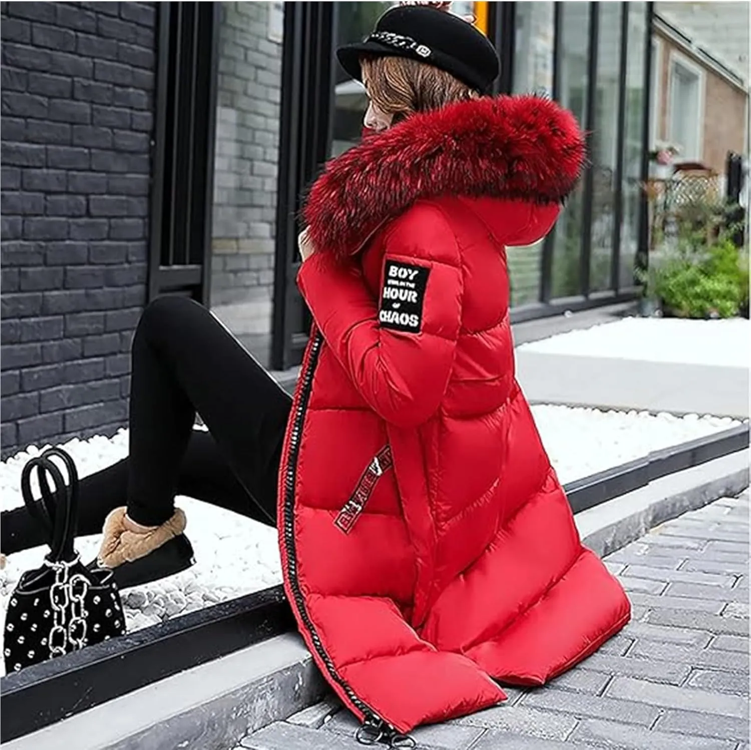 Womens Warm Down Jacket Winter Long Puffer Coats with Fur Hood,Outdoor Maxi Length Windproof Thick Quilted Outerwear