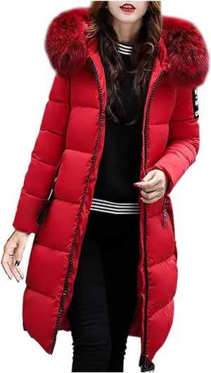 Womens Warm Down Jacket Winter Long Puffer Coats with Fur Hood,Outdoor Maxi Length Windproof Thick Quilted Outerwear