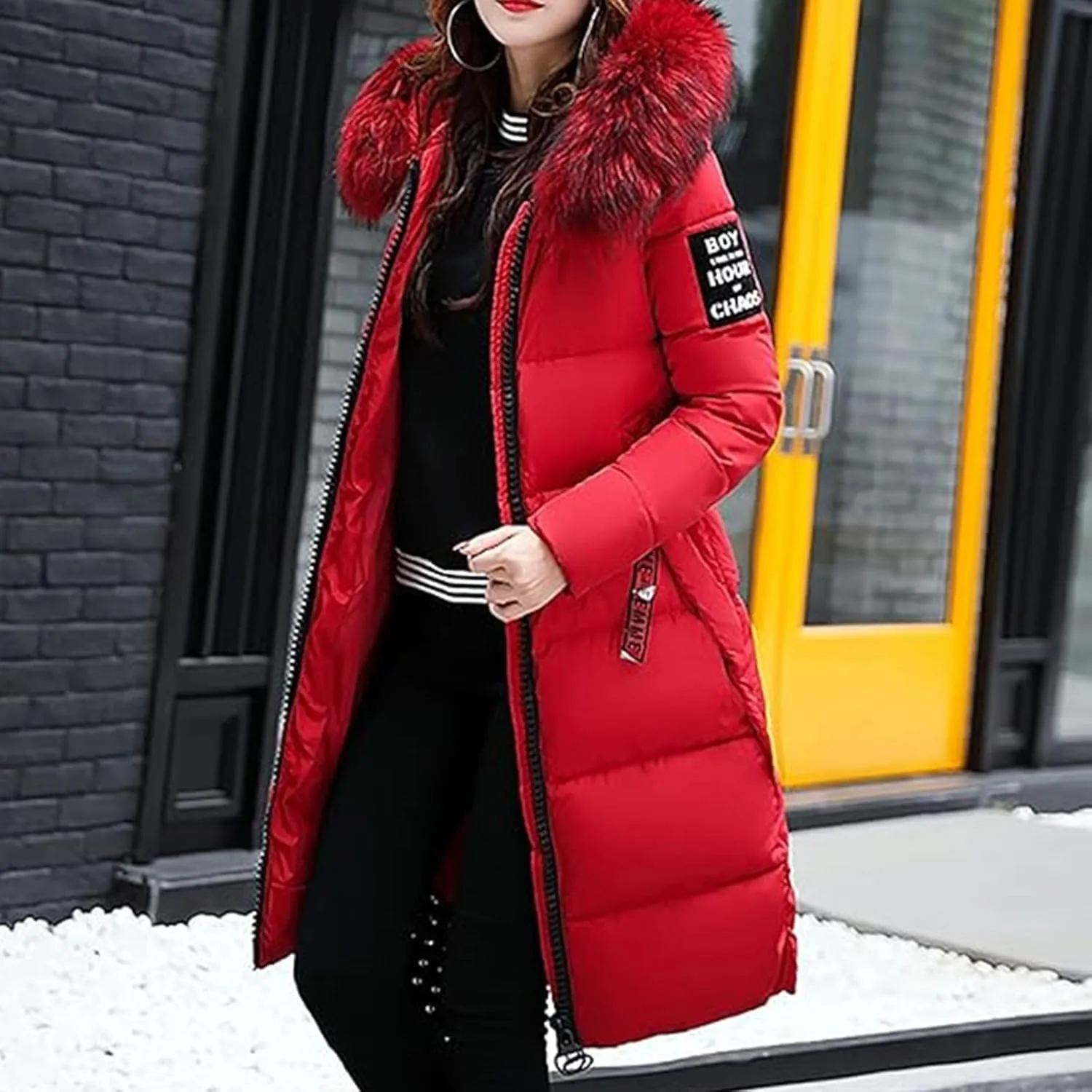Womens Warm Down Jacket Winter Long Puffer Coats with Fur Hood,Outdoor Maxi Length Windproof Thick Quilted Outerwear
