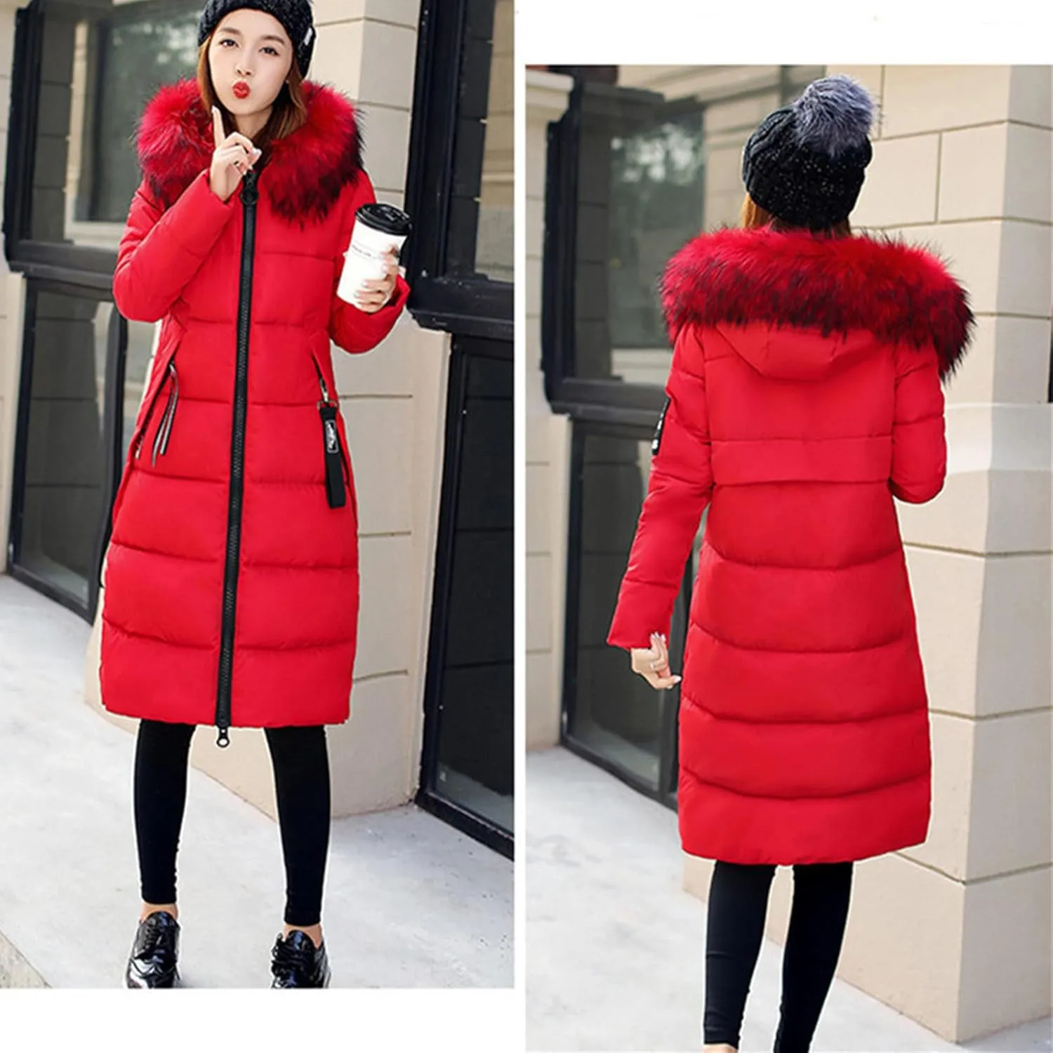 Womens Warm Down Jacket Winter Long Puffer Coats with Fur Hood,Outdoor Maxi Length Windproof Thick Quilted Outerwear