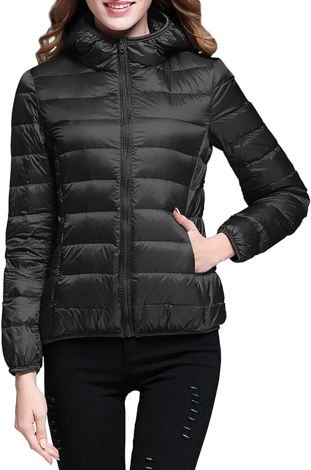 Womens Warm Hooded Down Jacket Lightweight Packable Windproof Puffer Coats Fashion Slim Cropped Long Sleeve Outwear