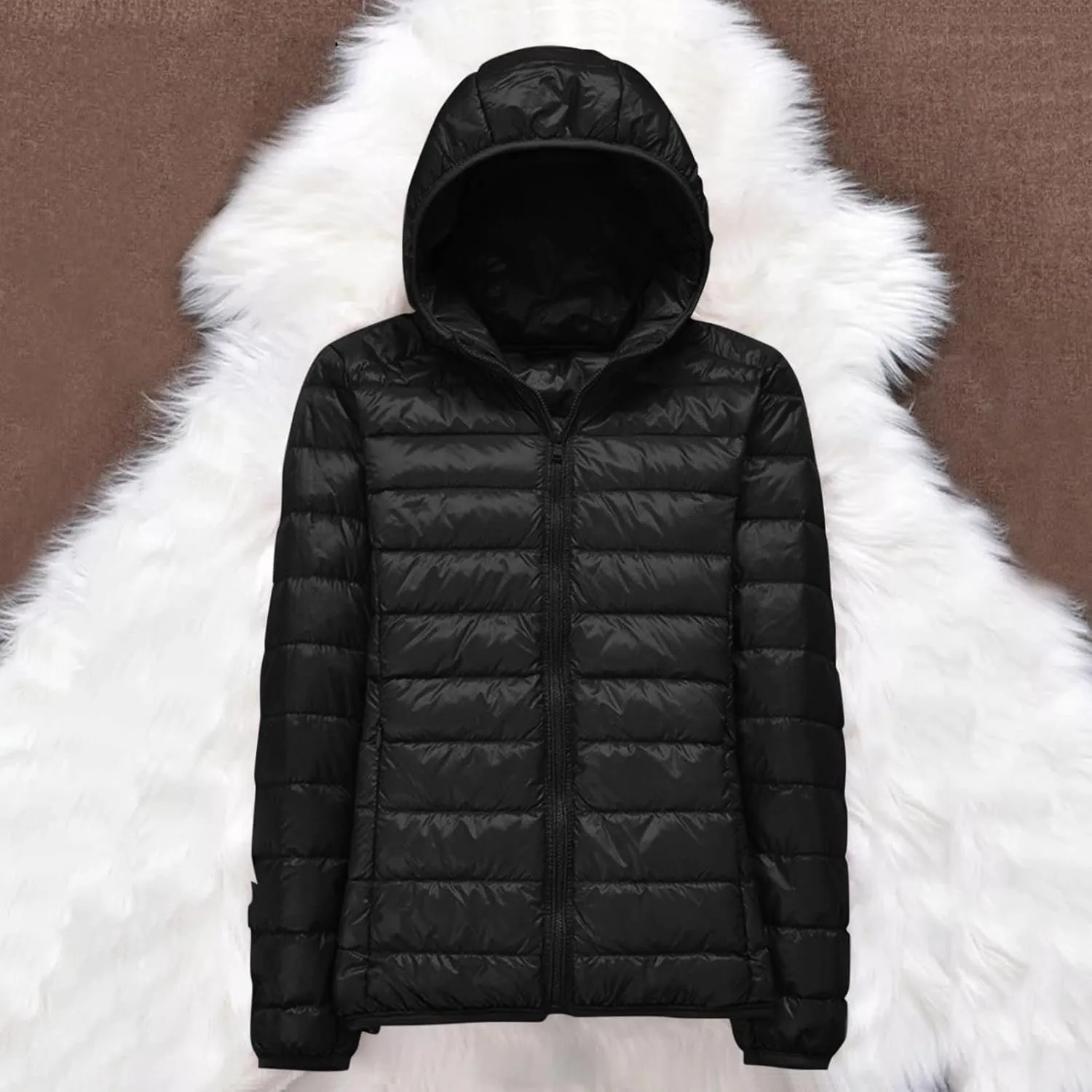 Womens Warm Hooded Down Jacket Lightweight Packable Windproof Puffer Coats Fashion Slim Cropped Long Sleeve Outwear