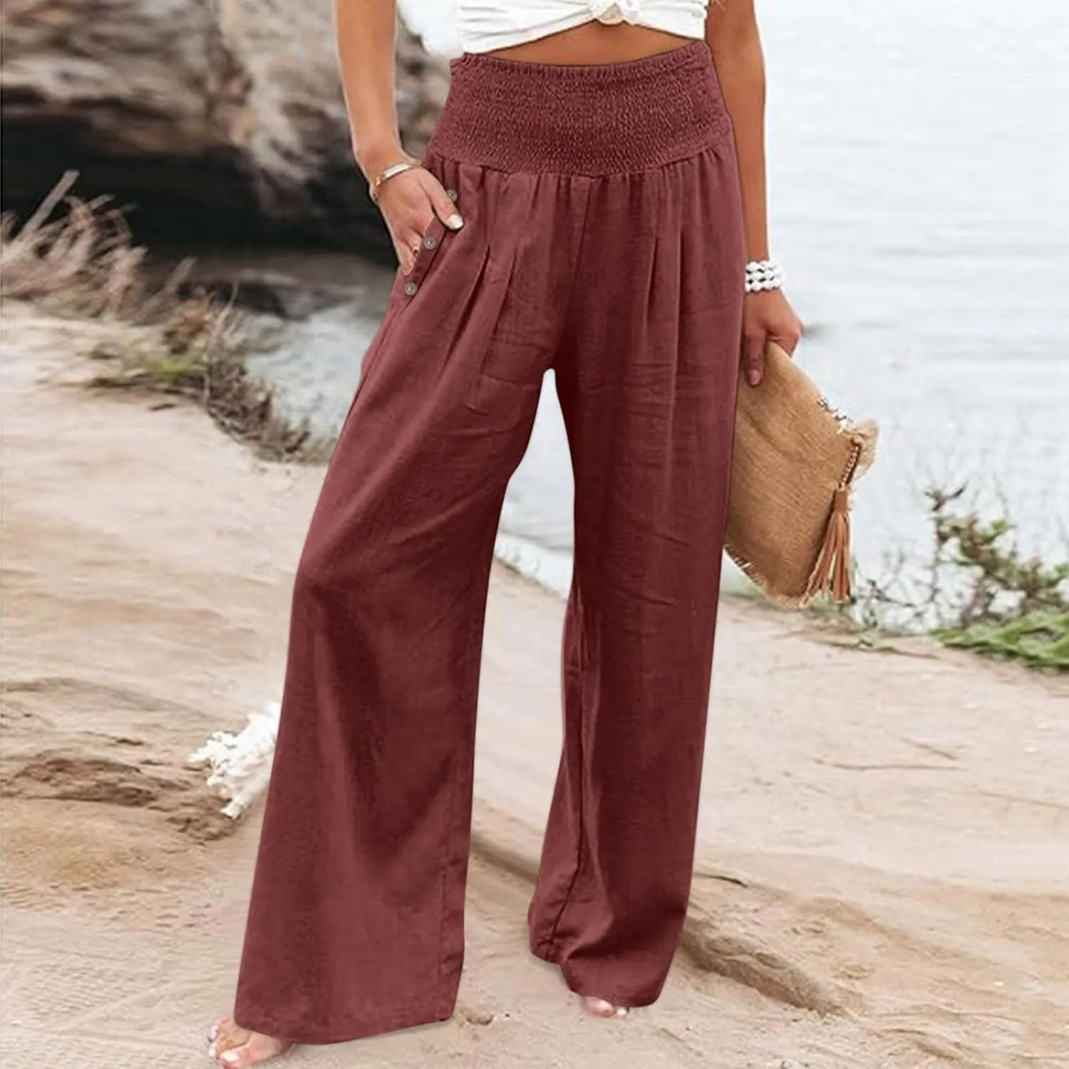Women's Wide Leg Pants Winter ightweight Outfits Thermal with Pockets Water Resistant Elastic Waist