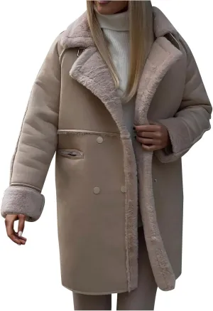 Womens Winter Overcoat Sherpa Fleece Lined Faux Suede Leather Long Trench Coats Notched Lapel Double Breasted