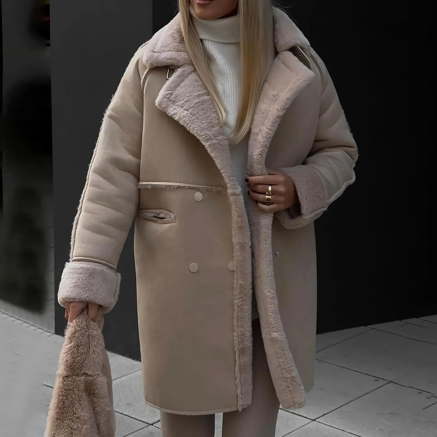Womens Winter Overcoat Sherpa Fleece Lined Faux Suede Leather Long Trench Coats Notched Lapel Double Breasted