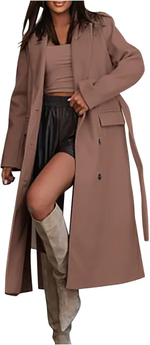 Women's Wool Blend Coat Oversized Long Coats Casual Winter Warm Double Breasted Pea Coat Jackets Outerwear with Belt