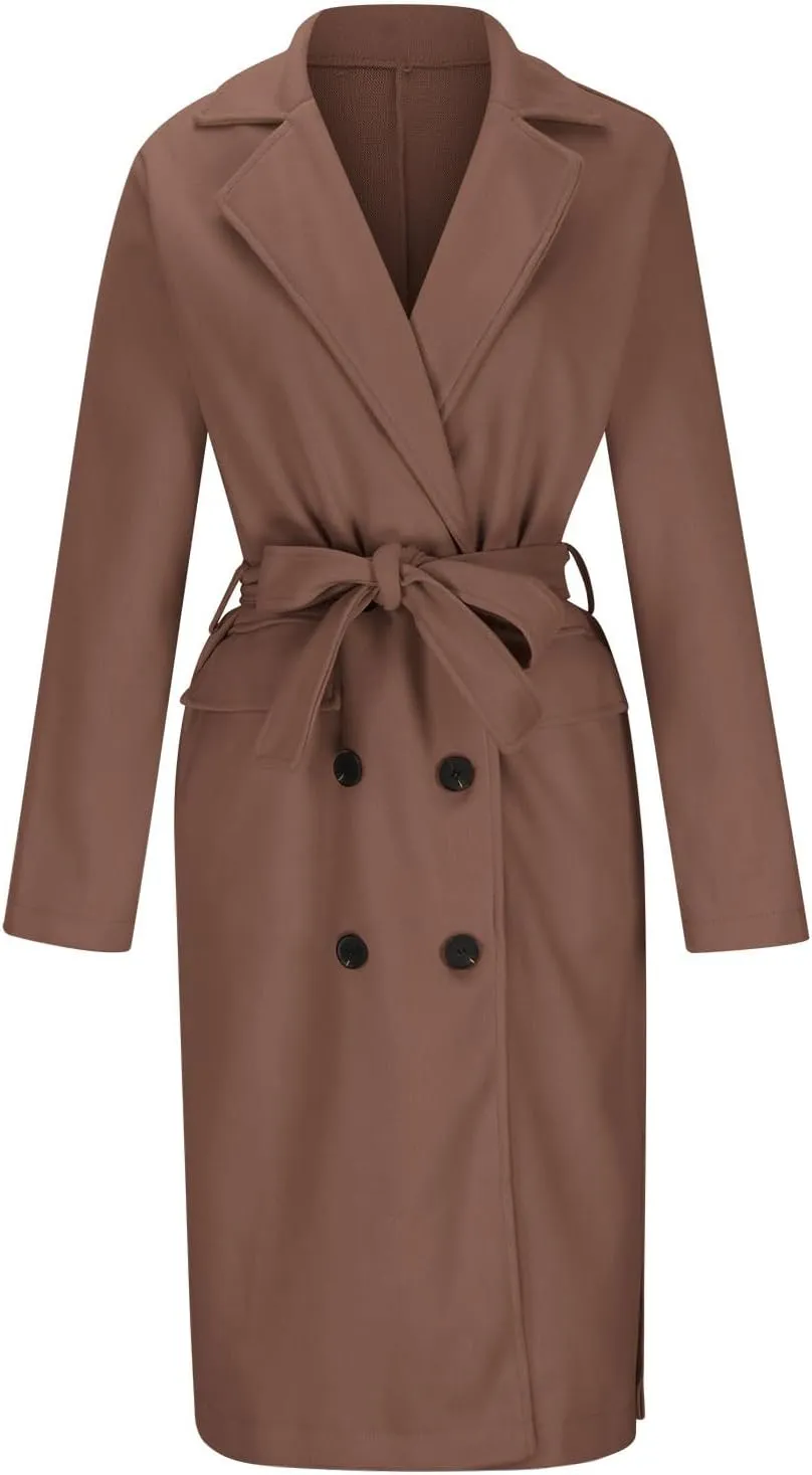 Women's Wool Blend Coat Oversized Long Coats Casual Winter Warm Double Breasted Pea Coat Jackets Outerwear with Belt