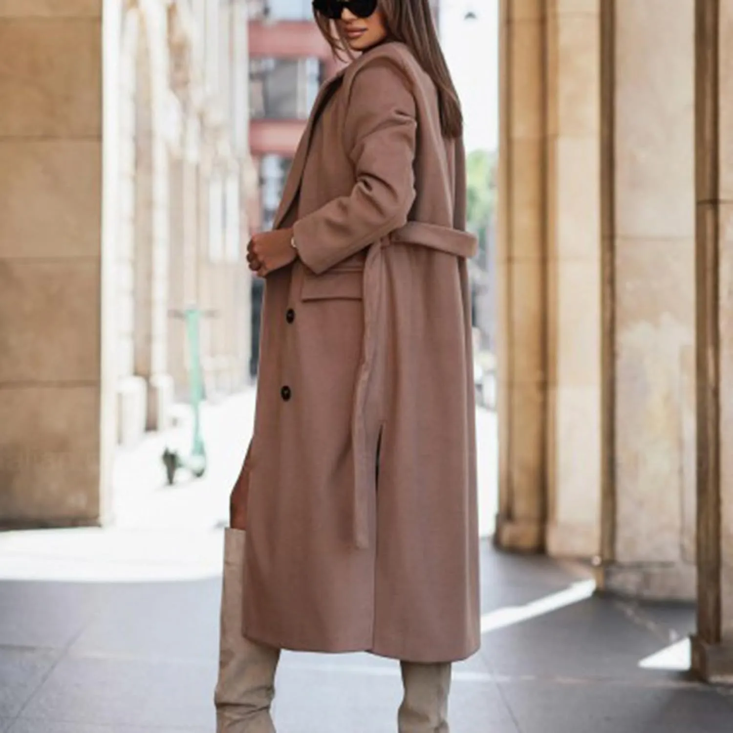 Women's Wool Blend Coat Oversized Long Coats Casual Winter Warm Double Breasted Pea Coat Jackets Outerwear with Belt