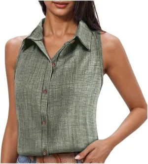 Women's Work Tops Button Down Linen Shirts Sleeveless Summer Blouses Business Casual Tshirts Trendy Tank Tops