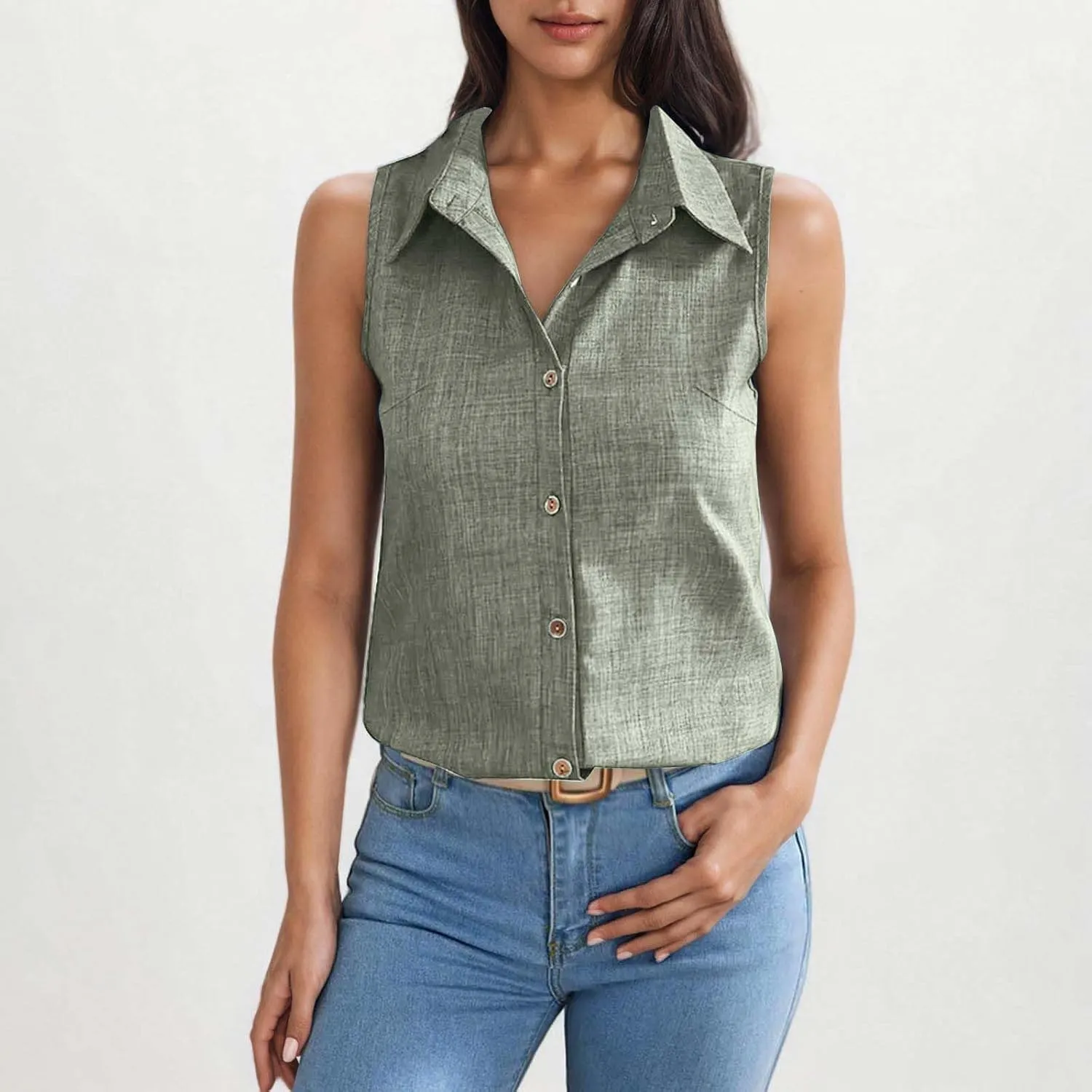 Women's Work Tops Button Down Linen Shirts Sleeveless Summer Blouses Business Casual Tshirts Trendy Tank Tops