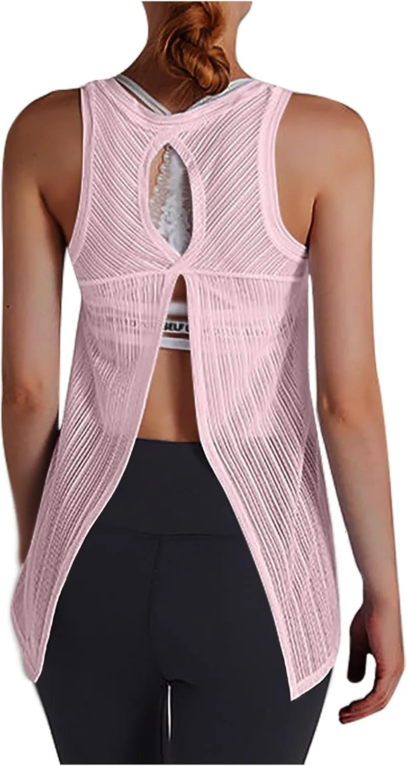 Workout Tank Tops for Women Summer Mesh Hollow Out Crew Neck Sleeveless Shirts Casual Fashion Yoga Quick Dry Blouse
