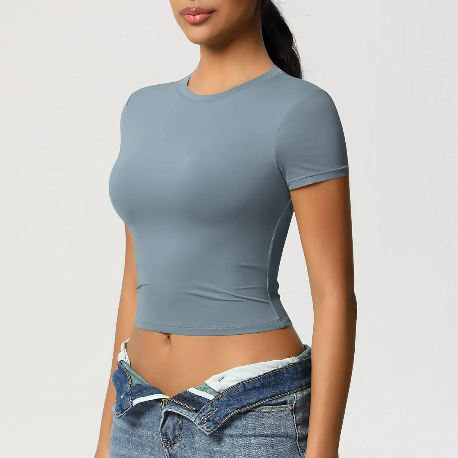 Workout Tops for Women Quick Dry Short Sleeve Cropped Yoga Shirts Athletic Gym Running Round Neck Basic Tees