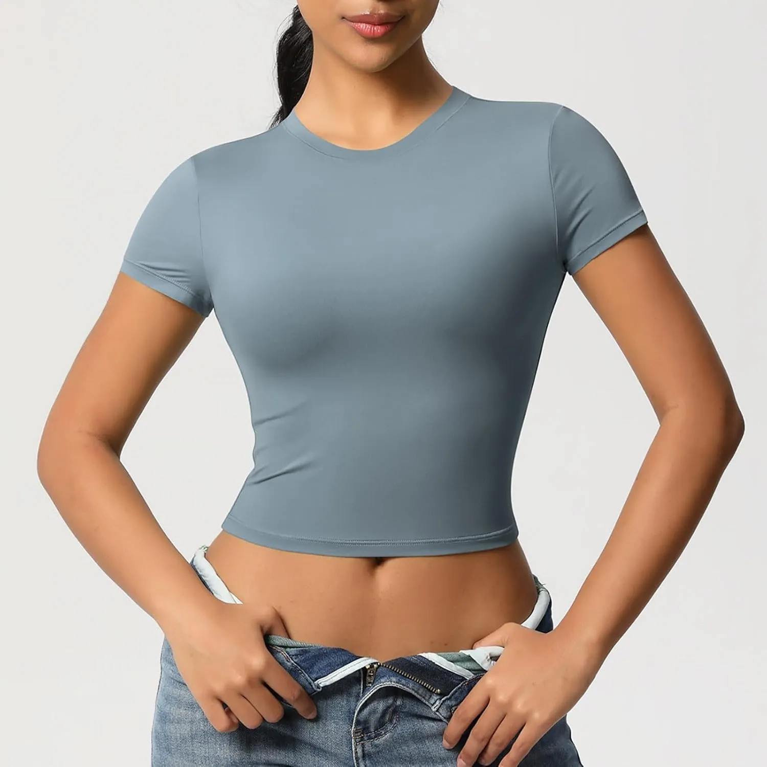 Workout Tops for Women Quick Dry Short Sleeve Cropped Yoga Shirts Athletic Gym Running Round Neck Basic Tees