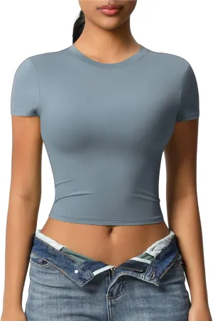 Workout Tops for Women Quick Dry Short Sleeve Cropped Yoga Shirts Athletic Gym Running Round Neck Basic Tees