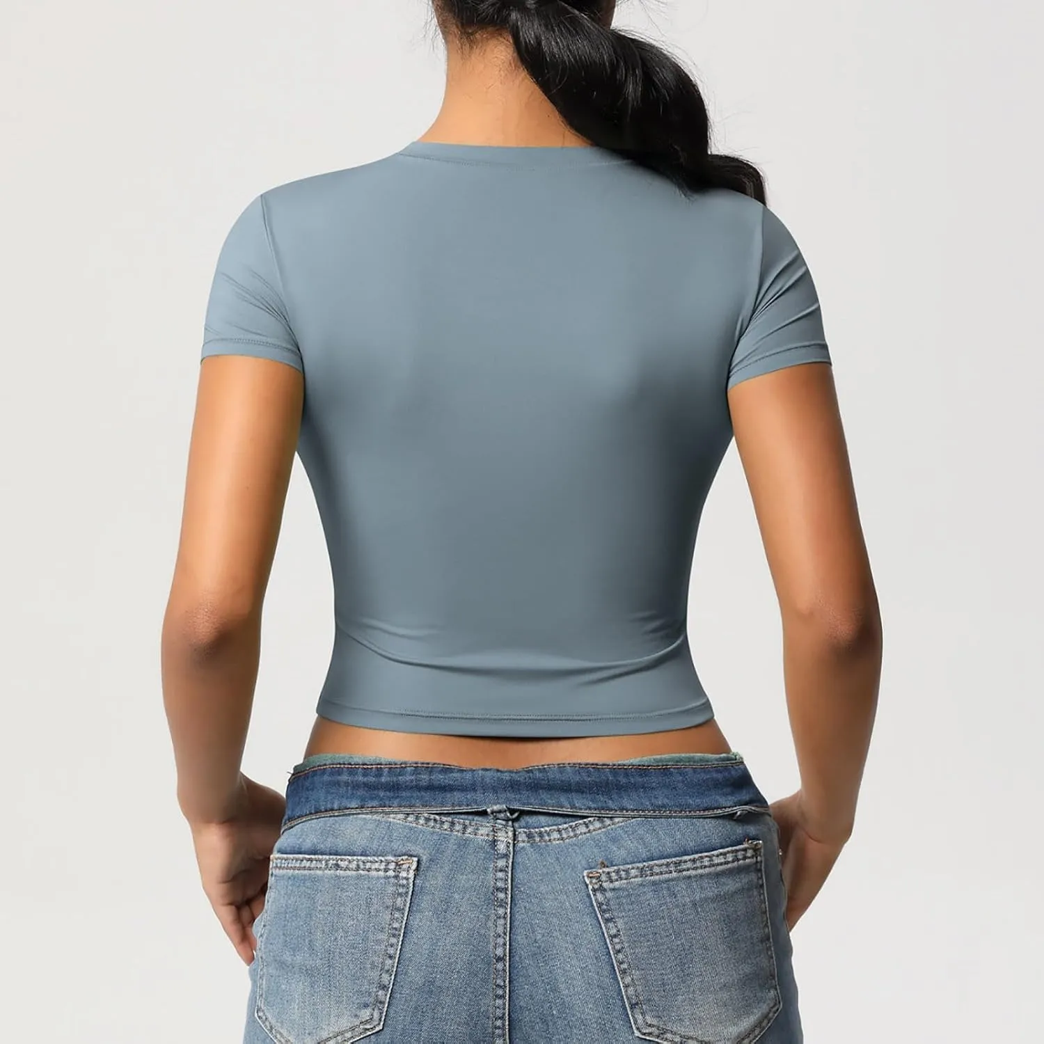 Workout Tops for Women Quick Dry Short Sleeve Cropped Yoga Shirts Athletic Gym Running Round Neck Basic Tees