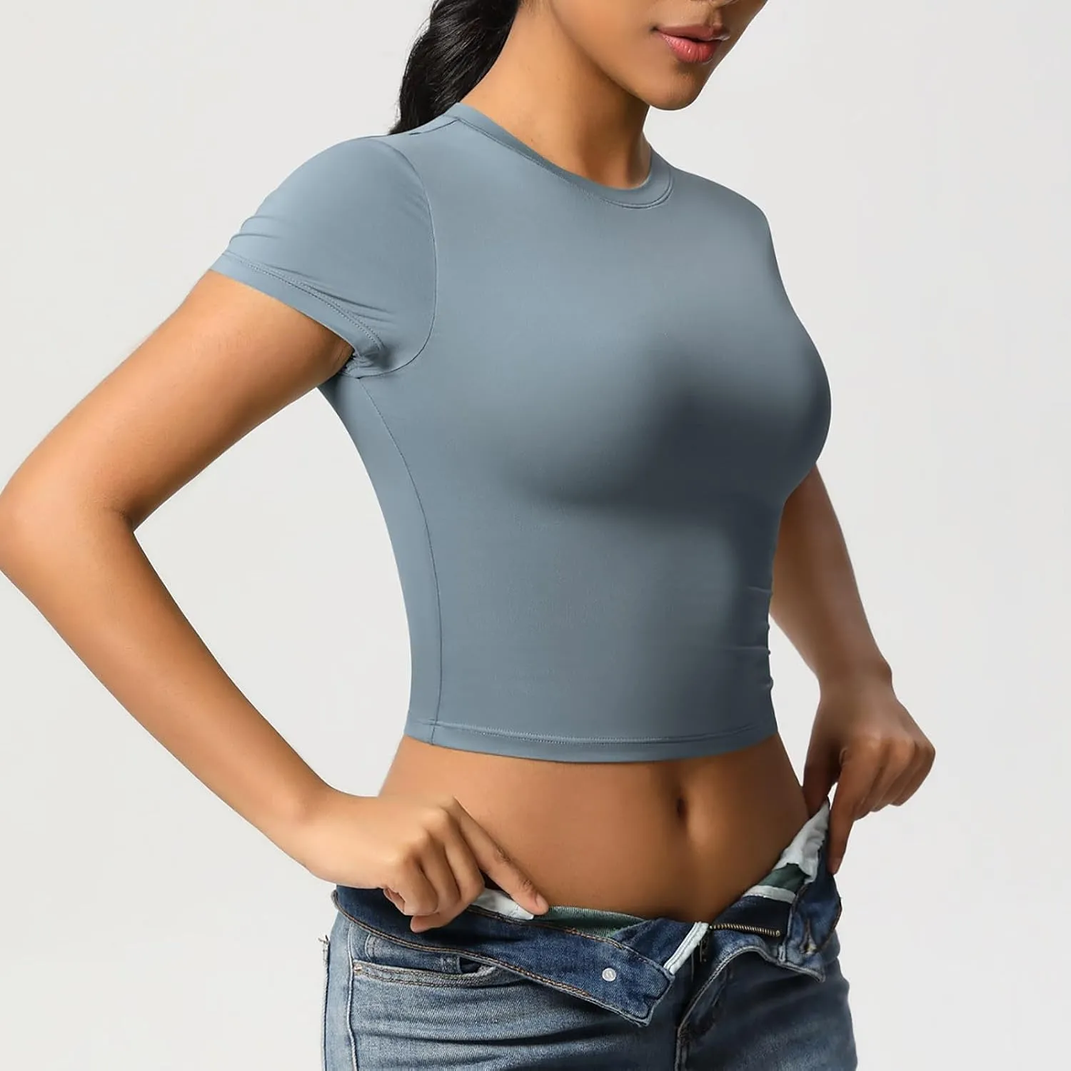Workout Tops for Women Quick Dry Short Sleeve Cropped Yoga Shirts Athletic Gym Running Round Neck Basic Tees